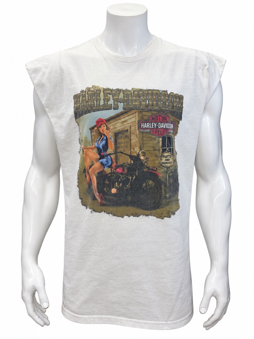 2012 Tampa Harley Davidson Pin Up Biker Girl White Graphic Sleeveless Shirt XL